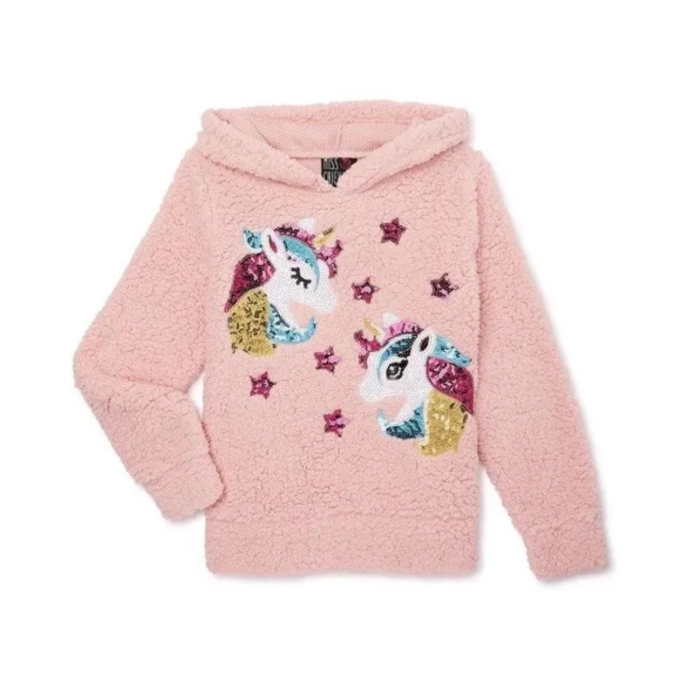 Miss Chievous Girls Sequin Pink Unicorns Sherpa Hoodie Top NEW Small (6-6X)